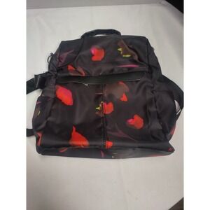Floral Convertible Backpack Shoulder Bag Black Red Abstract Print Nylon Travel